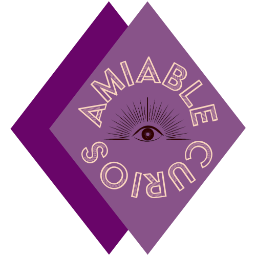 Two purple diamond shapes stacked on top of each other with an eye inside and a text in a circle reading Amiable Curios.