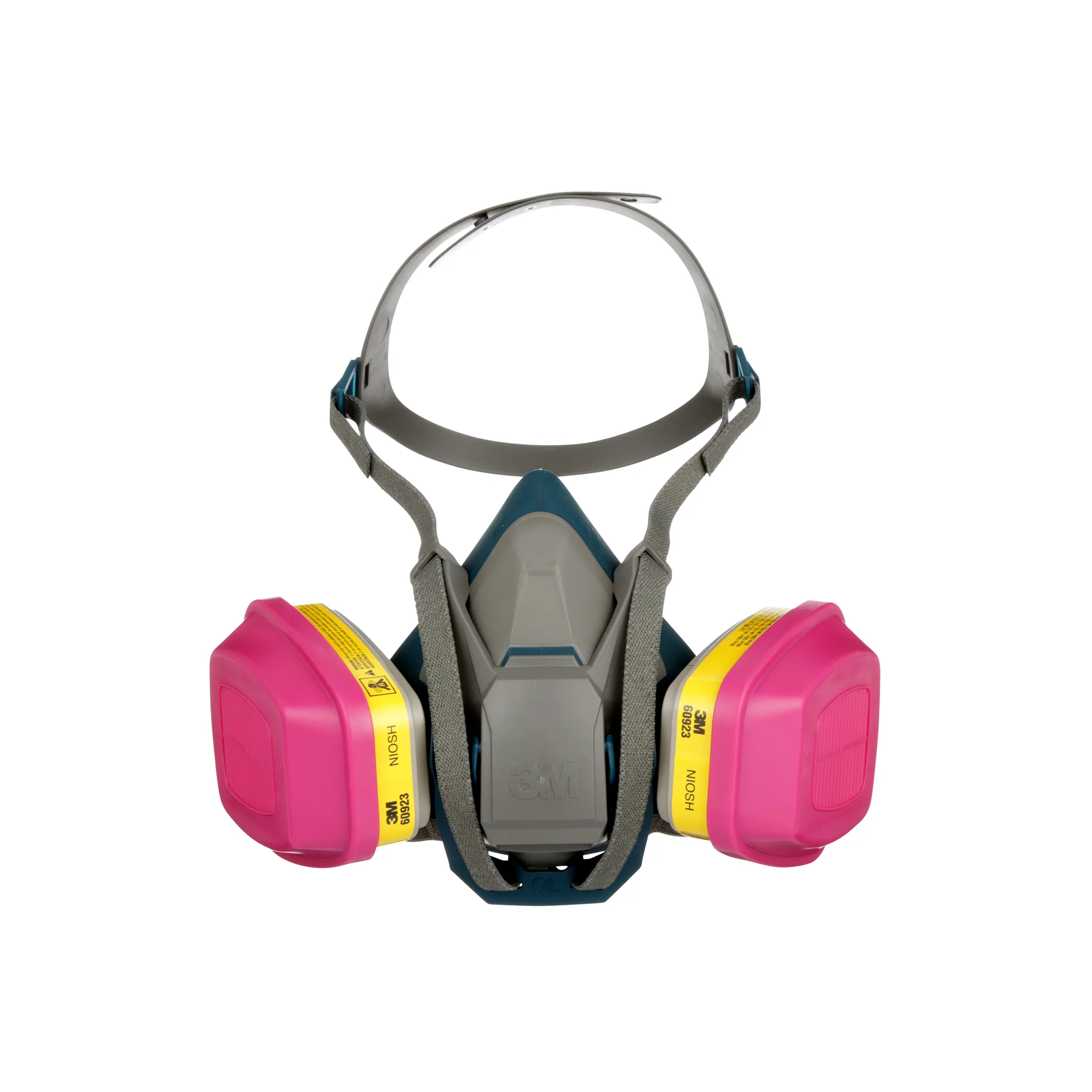 Gray respirator mask that covers nose and mouth. It has strings that go around your head and a latch to keep it tight. On each side of the mask there are two pink filters.
